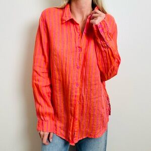 Nicole Miller Vibrant Orange and Pink Linen Button Down Shirt Top Striped